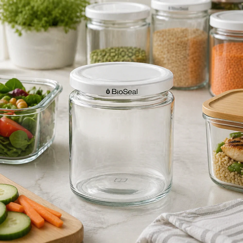 Vasetto per miele da 350 g con capsula bianca BioSeal UNiTWIST Vasetto di miele da 250 ml con coperchio bianco BioSeal vuoto in una cucina moderna tra vasi di conservazione e alimenti freschi