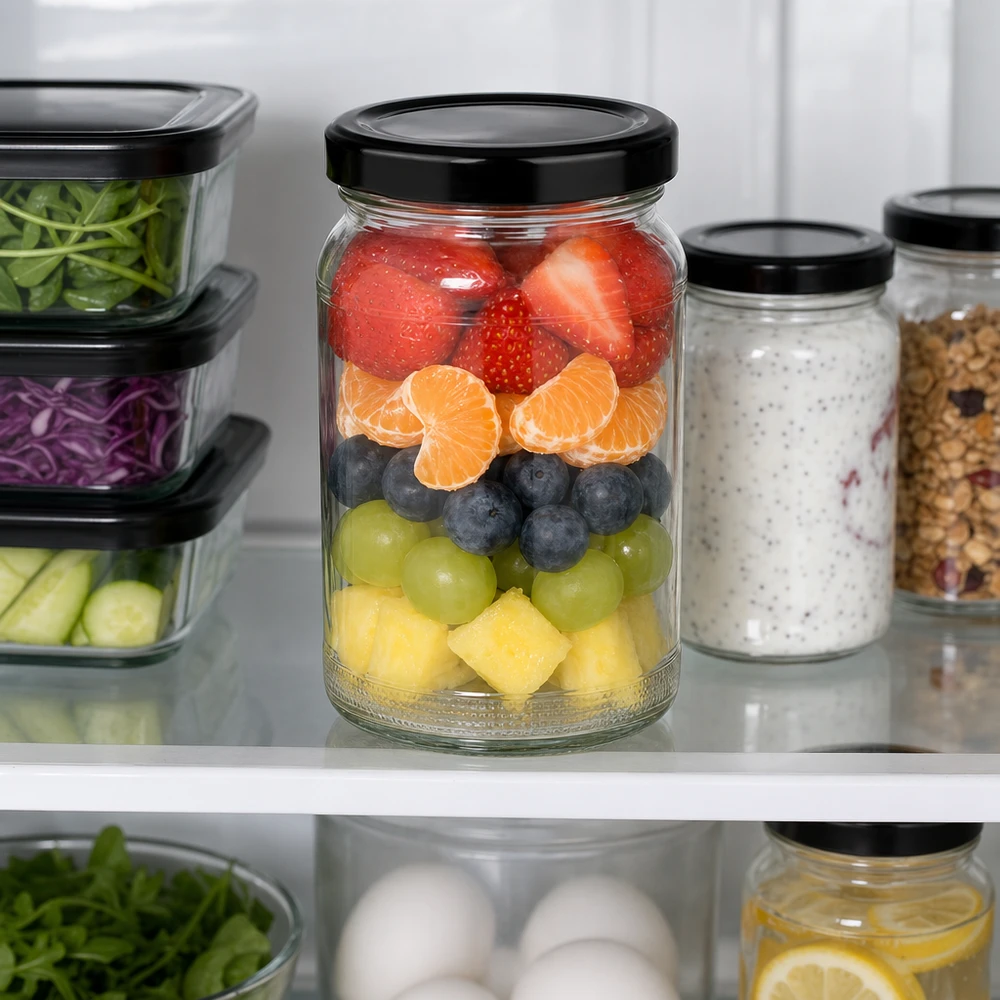 UNiTWIST Runda110 con coperchio nero. Coperchio TO48 BasicSeal UNiTWIST Rundglas 110ml mit geschichtetem Obstsalat im Kühlschrank neben Vorratsgläsern mit schwarzem TO48 Deckel