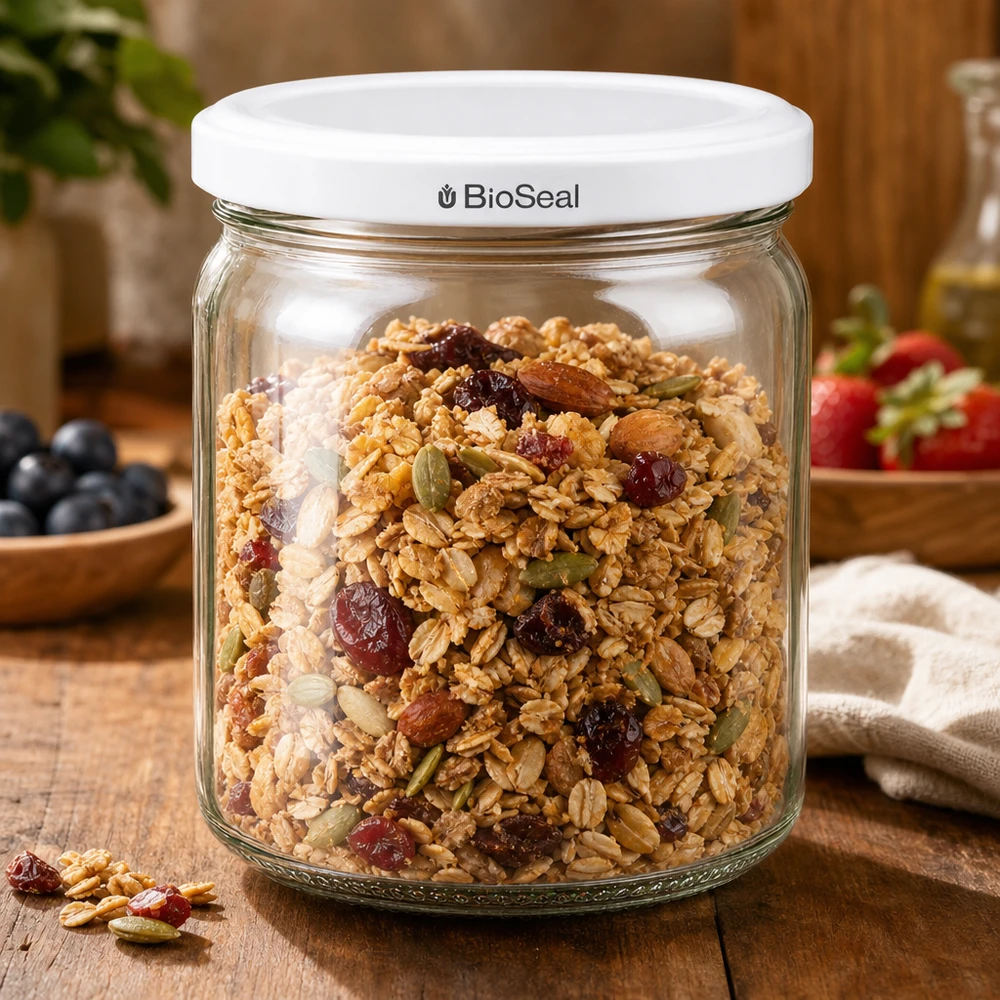 UNiTWIST Runda408 con coperchio bianco TO82 BioSeal Barattolo UNiTWIST Runda408 pieno di muesli - pratica conservazione degli alimenti con chiusura BioSeal