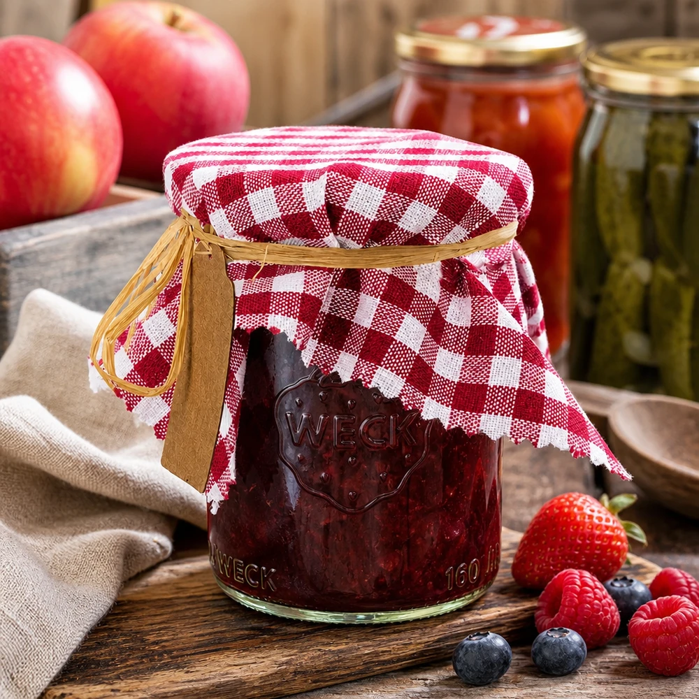 Centrino in tessuto a scacchi bordeaux su un barattolo di marmellata con bacche e mele fresche in una cucina rustica