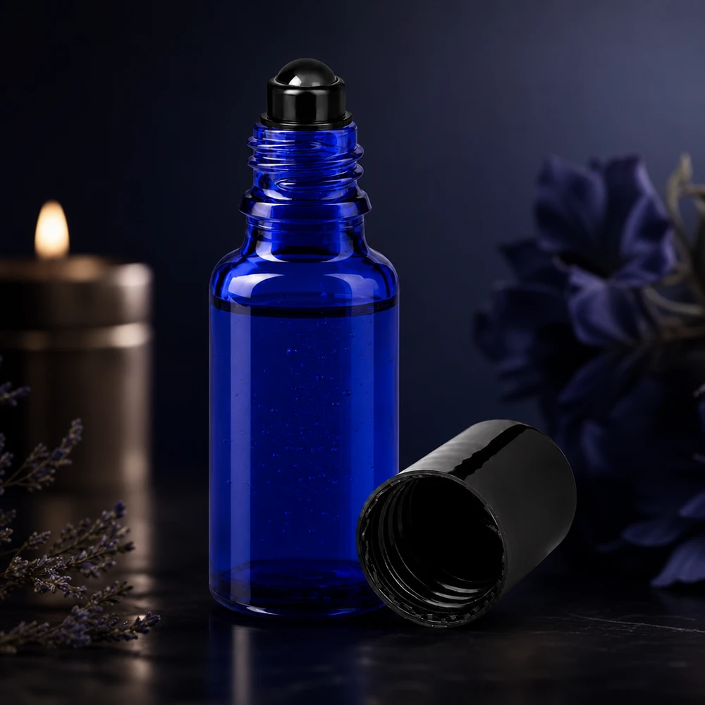 Flacone roll-on 20ml blu STD nero ApoGlas Piccolo flacone da farmacia da 20 ml di colore blu con applicatore a sfera rotante e tappo nero rimovibile