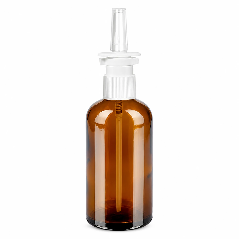 Flacone spray nasale da 100 ml c/tr. STD BrownLine UT18/100 Flacone spray nasale compatto da 100 ml in vetro ambrato per i viaggi e gli spostamenti