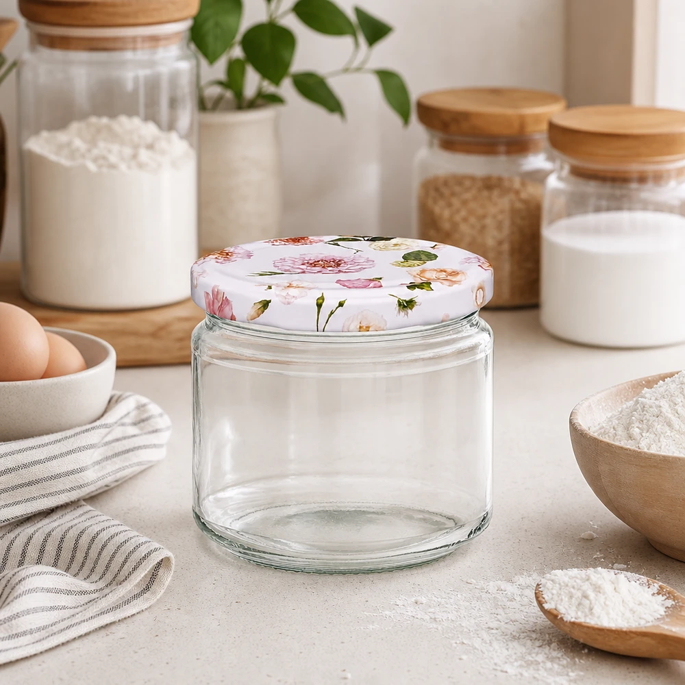 Barattolo rotondo da 330 ml vuoto con fiori rosa Coperchio BasicSeal in cucina moderna tra barattoli di stoccaggio e farina