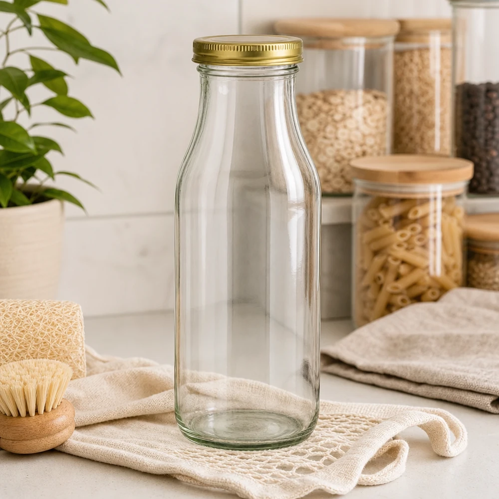 UNiTWIST Bottiglia263 con oro. Coperchio TO43 BioSeal UNiTWIST Bottle263 bottiglia in vetro con coperchio dorato TO43 BioSeal in cucina sostenibile a rifiuti zero con vasetti di stoccaggio