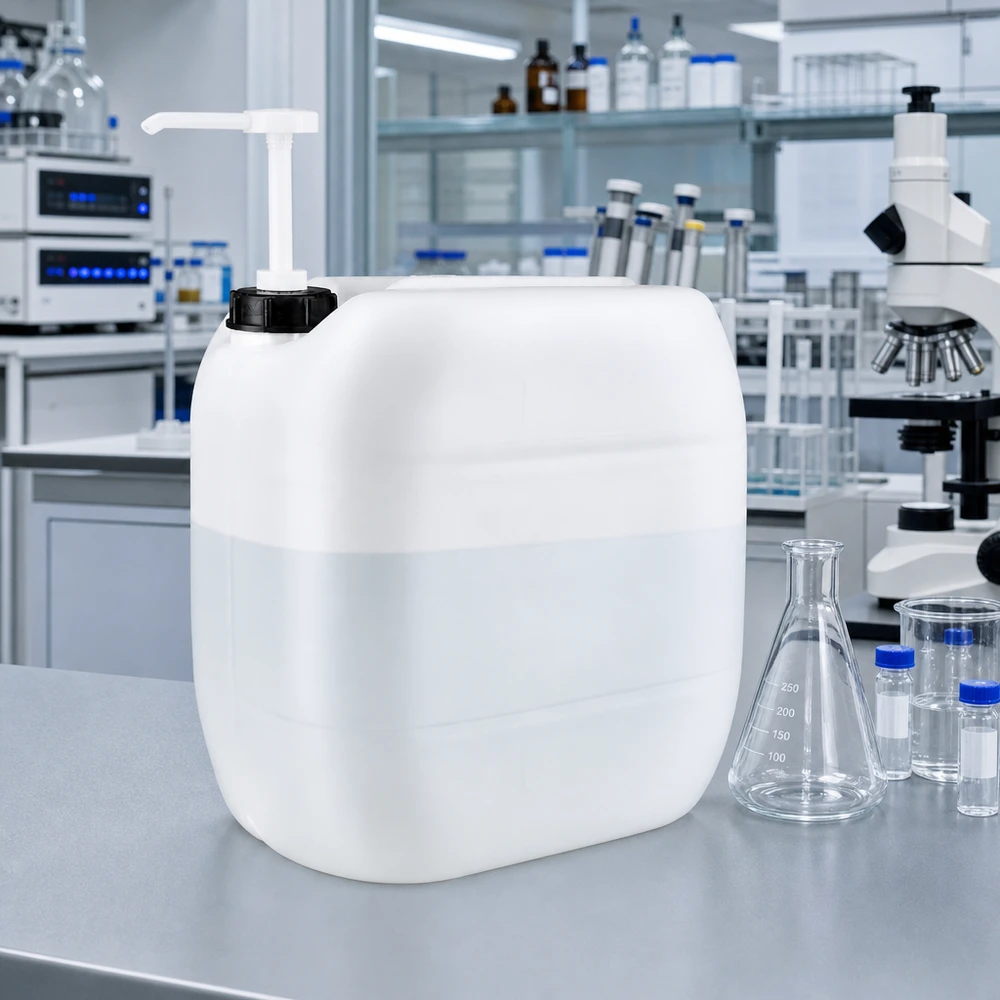 Tanica da 30 litri con pompa dosatrice Contenitore rettangolare in HDPE da 30 litri con pompa dosatrice in un moderno ambiente di laboratorio