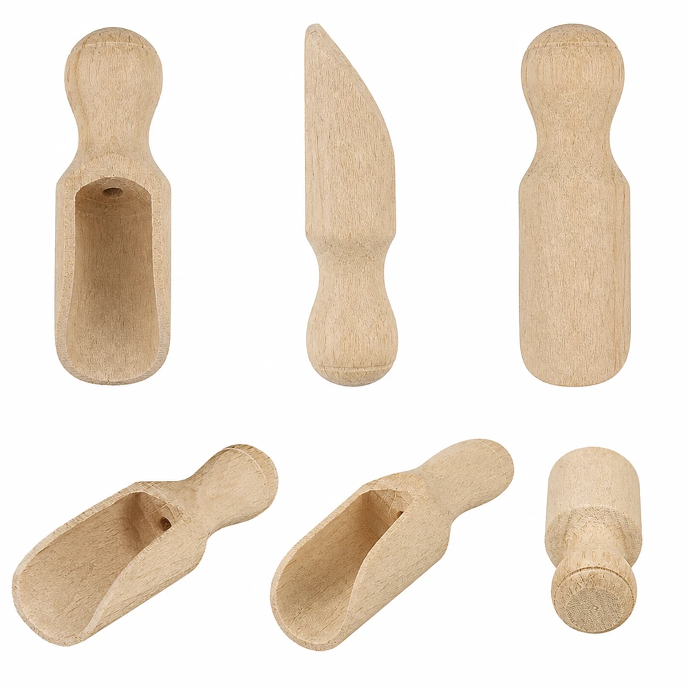 Il set di pale in legno XS da diverse angolazioni mostra la forma semicircolare e la lavorazione artigianale in legno naturale