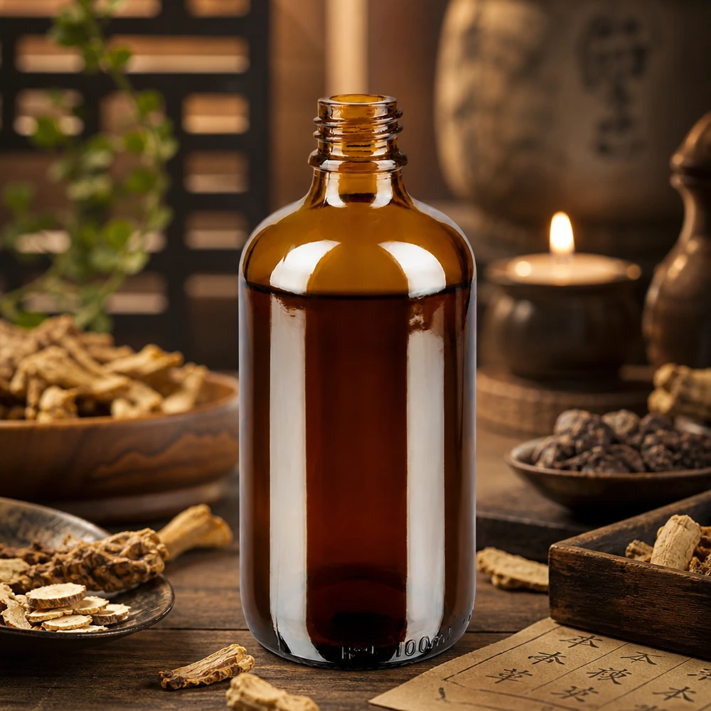 100ml flacone marrone da farmacia ApoGlas con erbe TCM ginseng e pepe nella pratica curativa asiatica