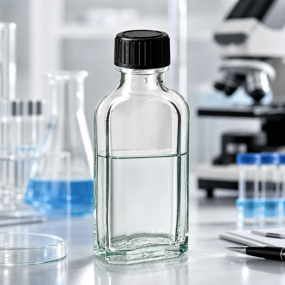 Flacone Meplat da 50 ml trasparente con guarnizione LKD in ambiente di laboratorio professionale con microscopio