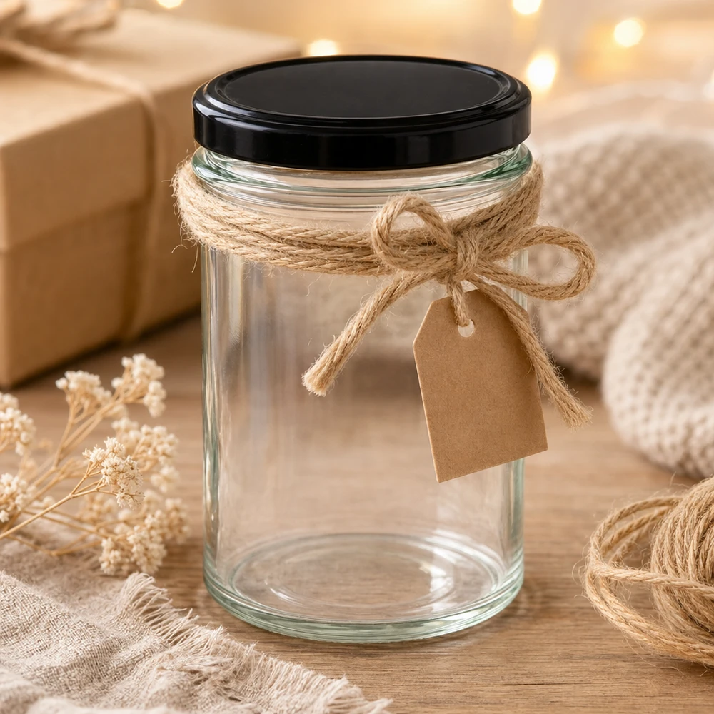 Bicchieri da 230 ml con coperchio BasicSeal nero UNiTWIST. Bicchieri da 230 ml con coperchio nero e cordoncino di iuta confezione regalo decorazione rustica progetto artigianale