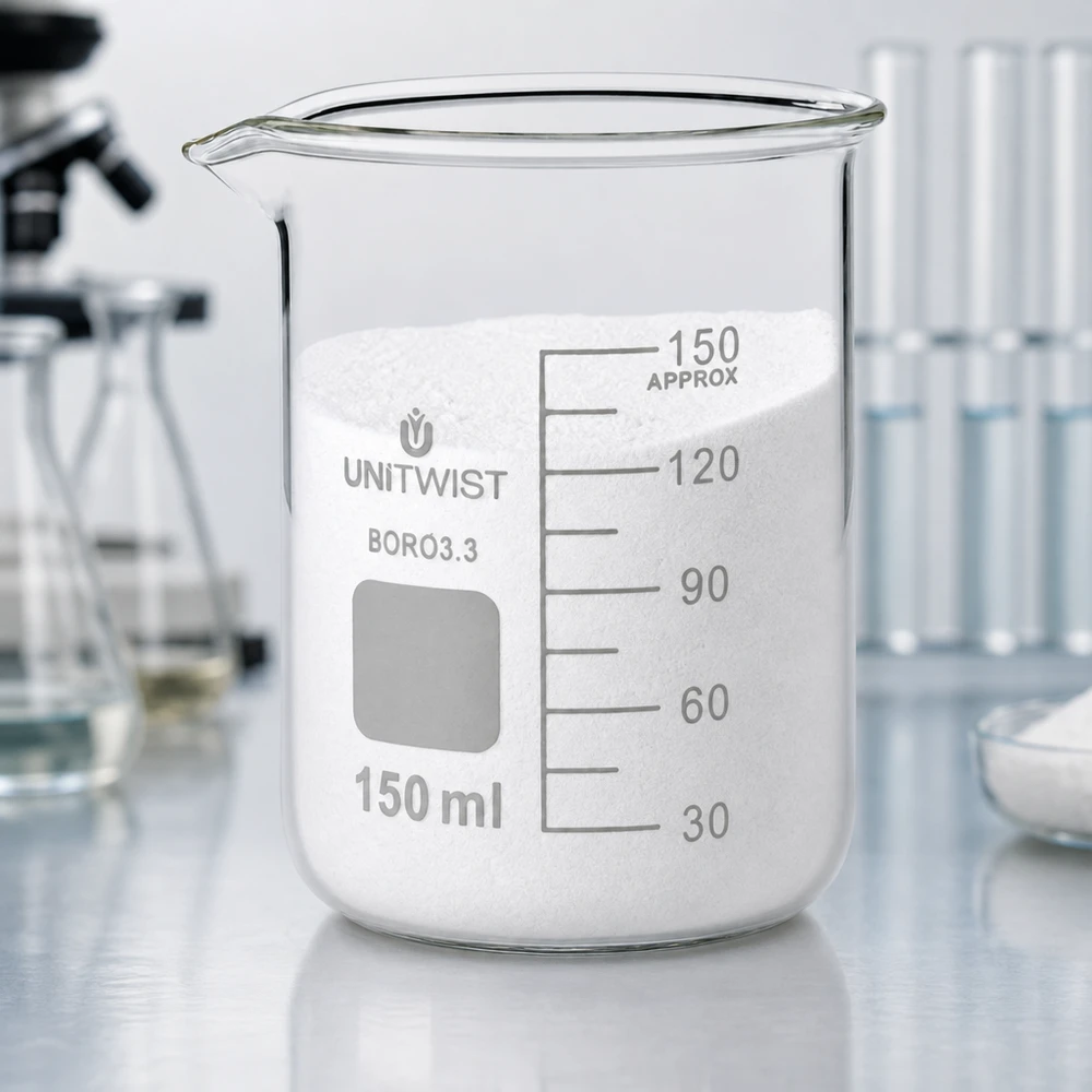 Bicchiere da laboratorio UNiTwist da 150 ml in borosilicato 3.3, di forma bassa, riempito con polvere bianca in laboratorio