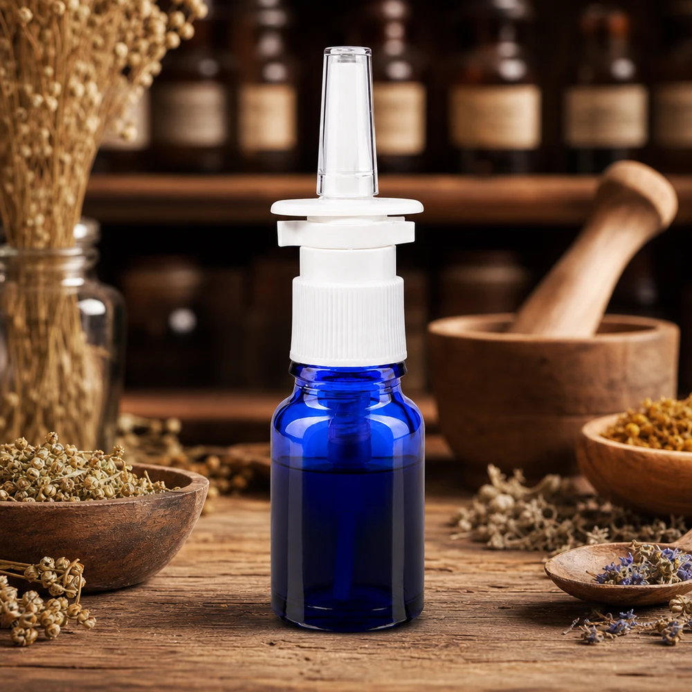 Flacone compatto per spray nasale da 10 ml, di colore blu cobalto con tappo a pompa bianco, su un tavolino di legno
