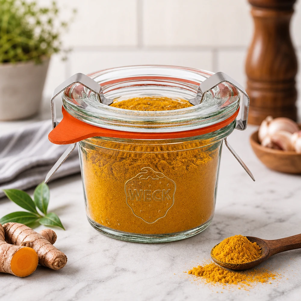 I tumbler WECK 35ml RR40 riempiti di curcuma accanto allo zenzero fresco mostrano la conservazione di spezie ed erbe.