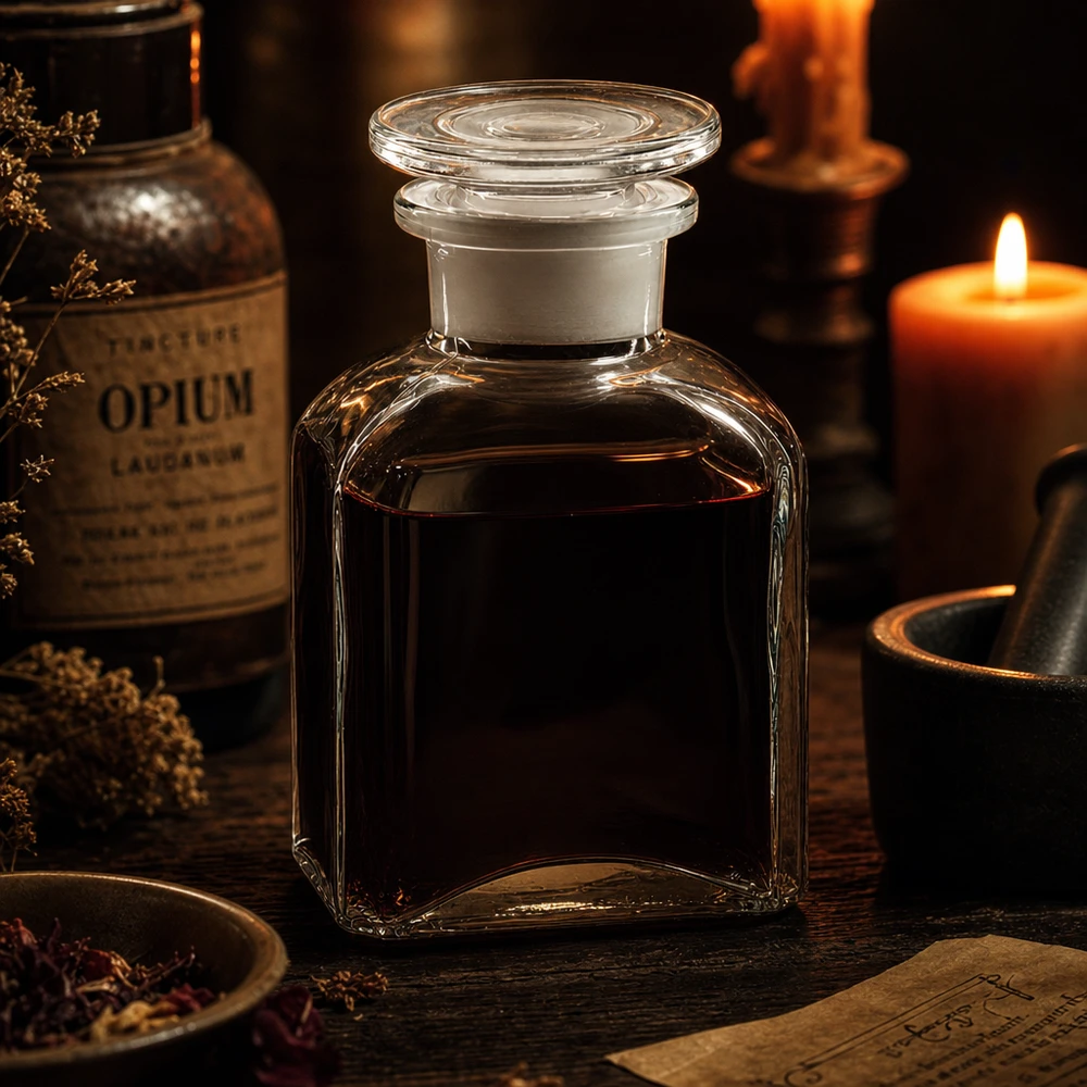 Bottiglia quadrata da 150 ml trasparente a collo largo con tappo in vetro Fiaschetta da farmacia storica da 150 ml, trasparente, di forma quadrata, con tappo in vetro, per tinture e rimedi medicinali