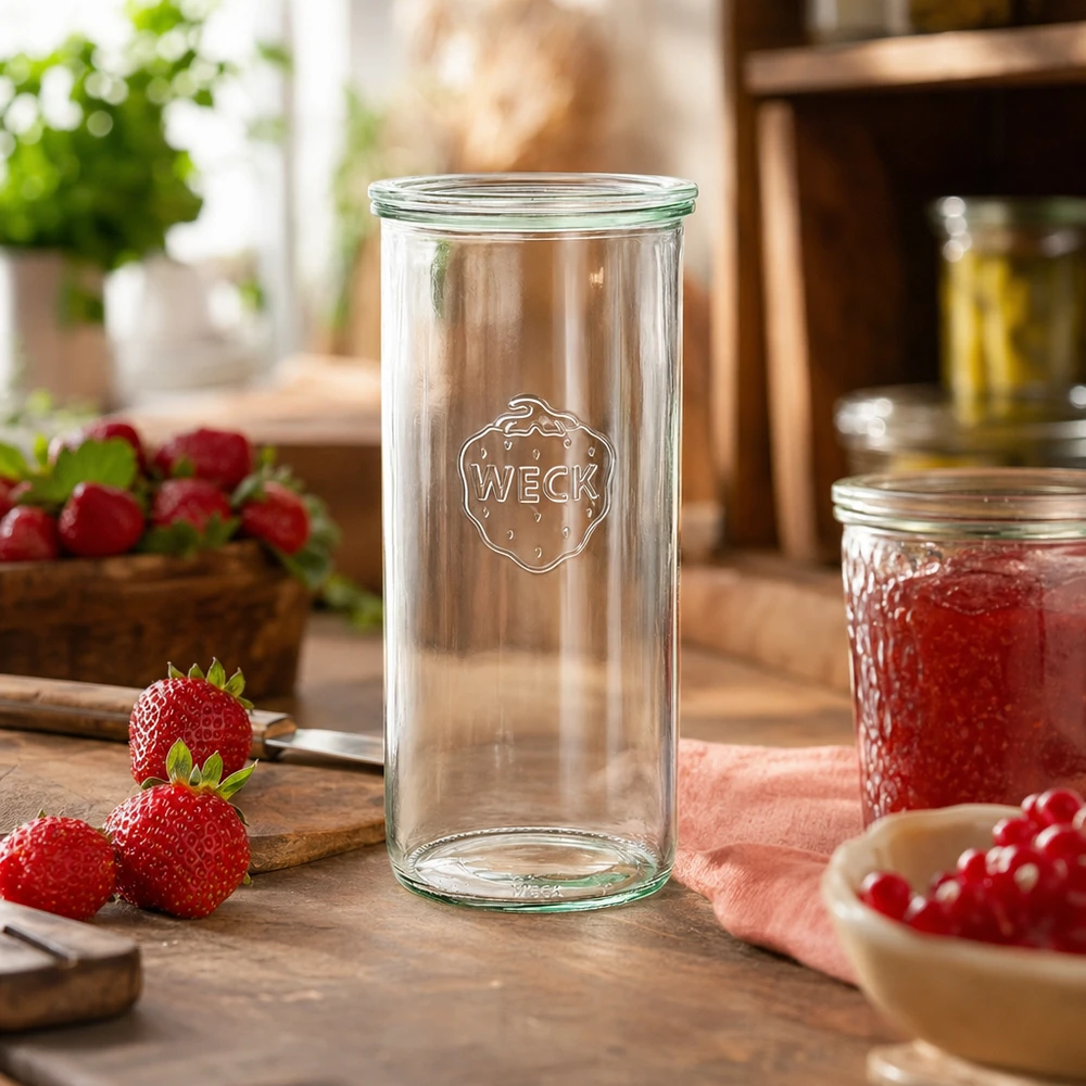Bicchieri da 1500 ml con coperchio in vetro WECK RR100 Bicchieri WECK 1500ml RR100 in una cucina rustica con fragole fresche e marmellata come decorazione