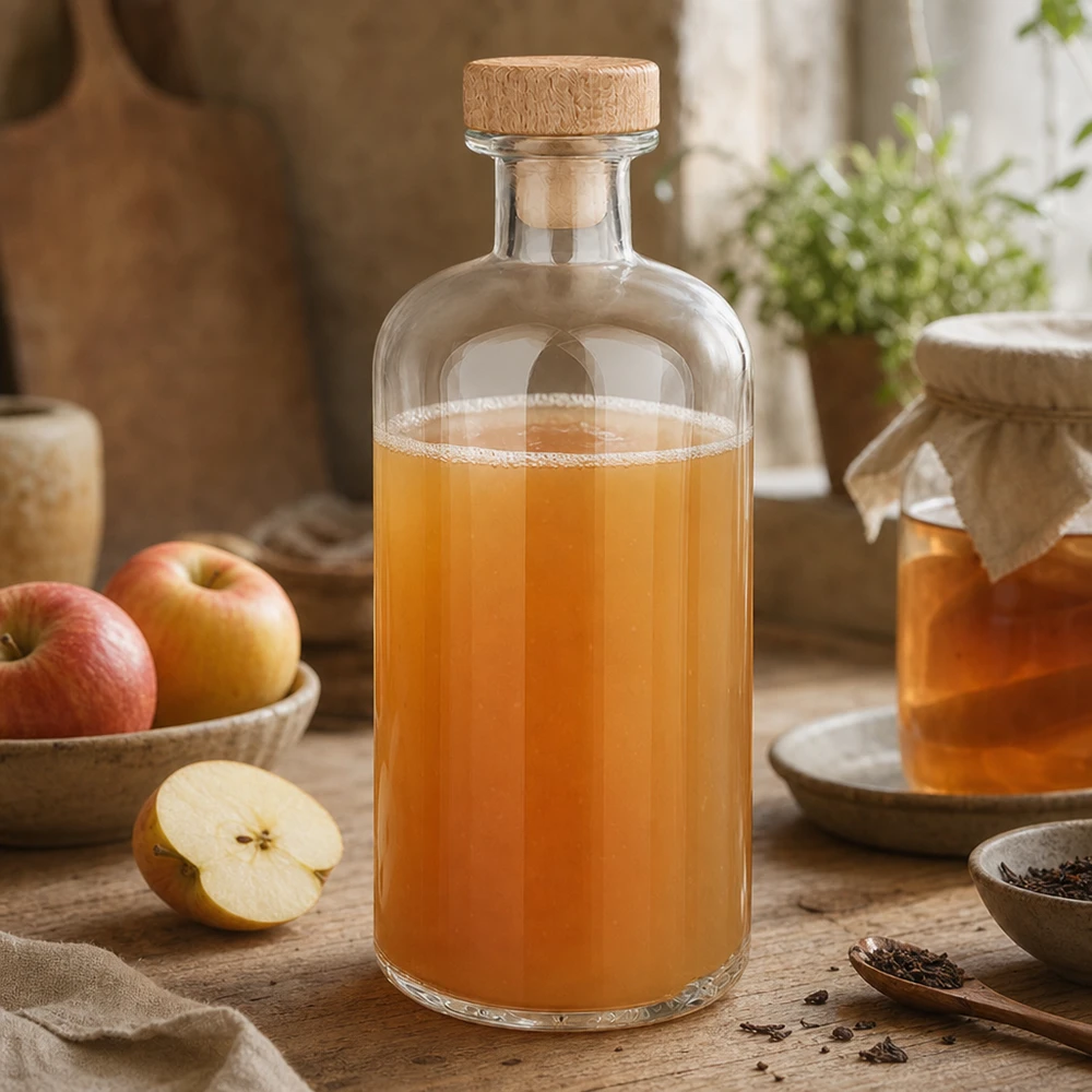 Bottiglia di vetro Flora 500ml riempita di aceto di mele tra mele fresche e spezie su tavolo di legno cucina rustica
