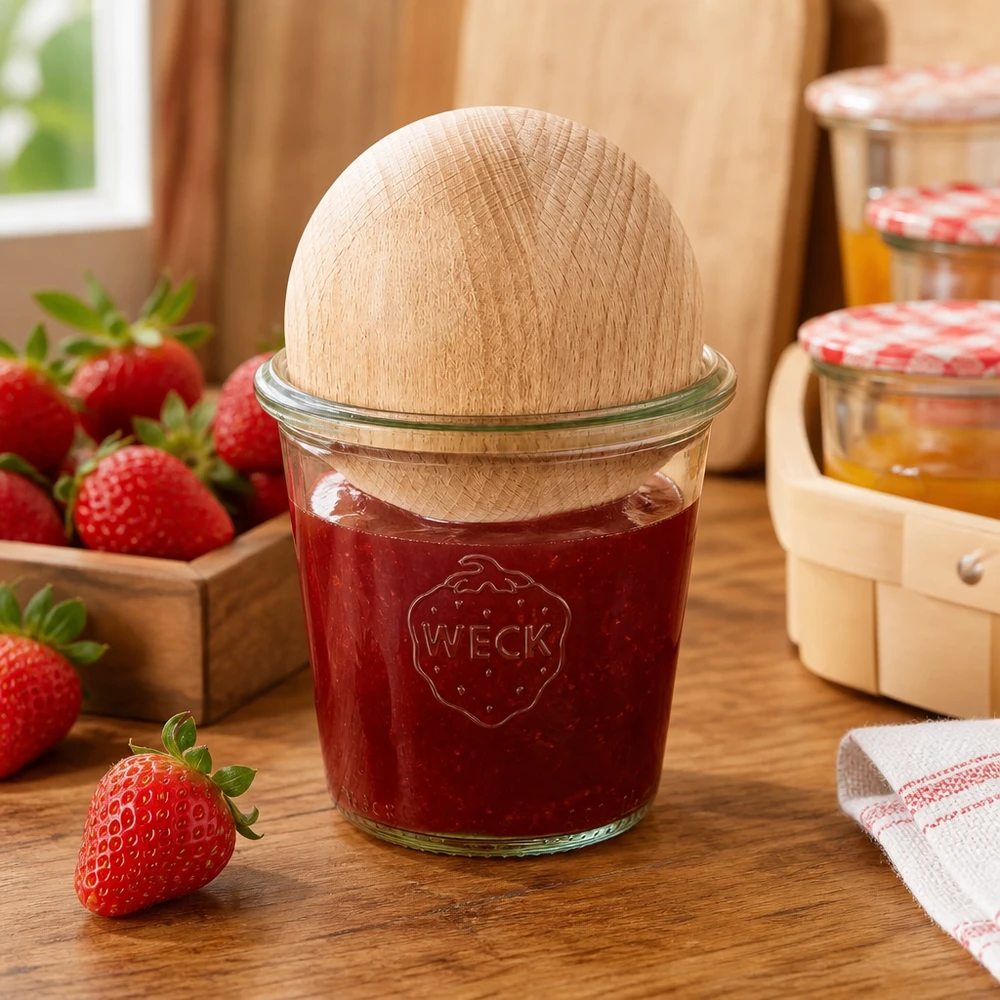 Bicchieri alti da 290 ml WECK RR80 con sfera in legno di faggio Vaso da conserva WECK 290ml RR80 con marmellata di fragole e tappo a sfera in legno di faggio in cucina