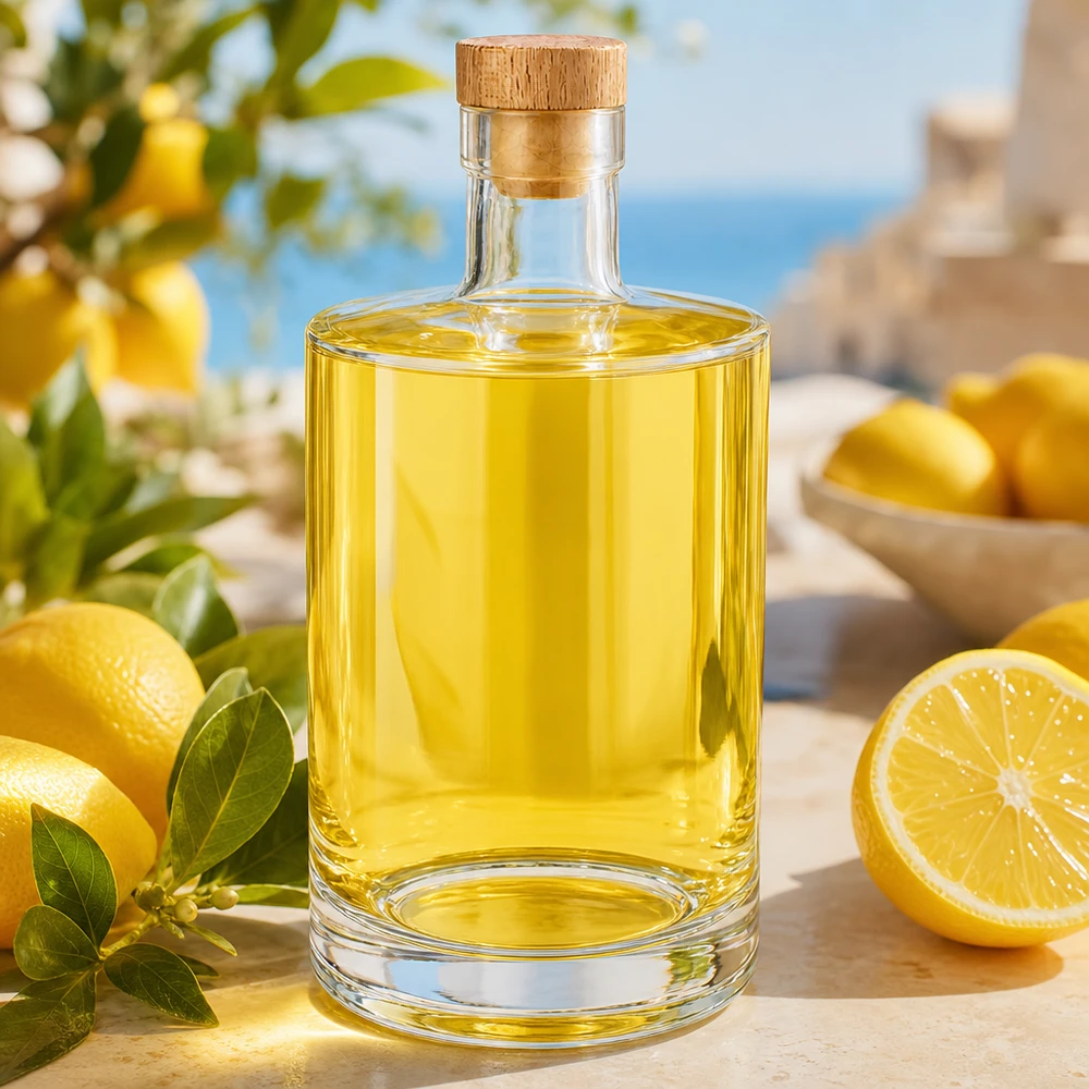 Bottiglia di vetro da 700 ml di Marie con contenuto giallo e limoni disposti in modo decorativo su un tavolo di legno all'aperto