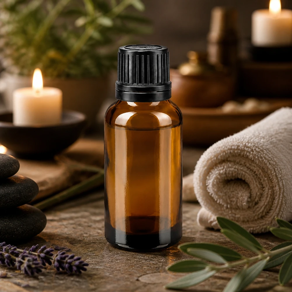 Flacone in vetro da 20 ml color ambra con tappo nero scanalato per l'aromaterapia e l'atmosfera da spa