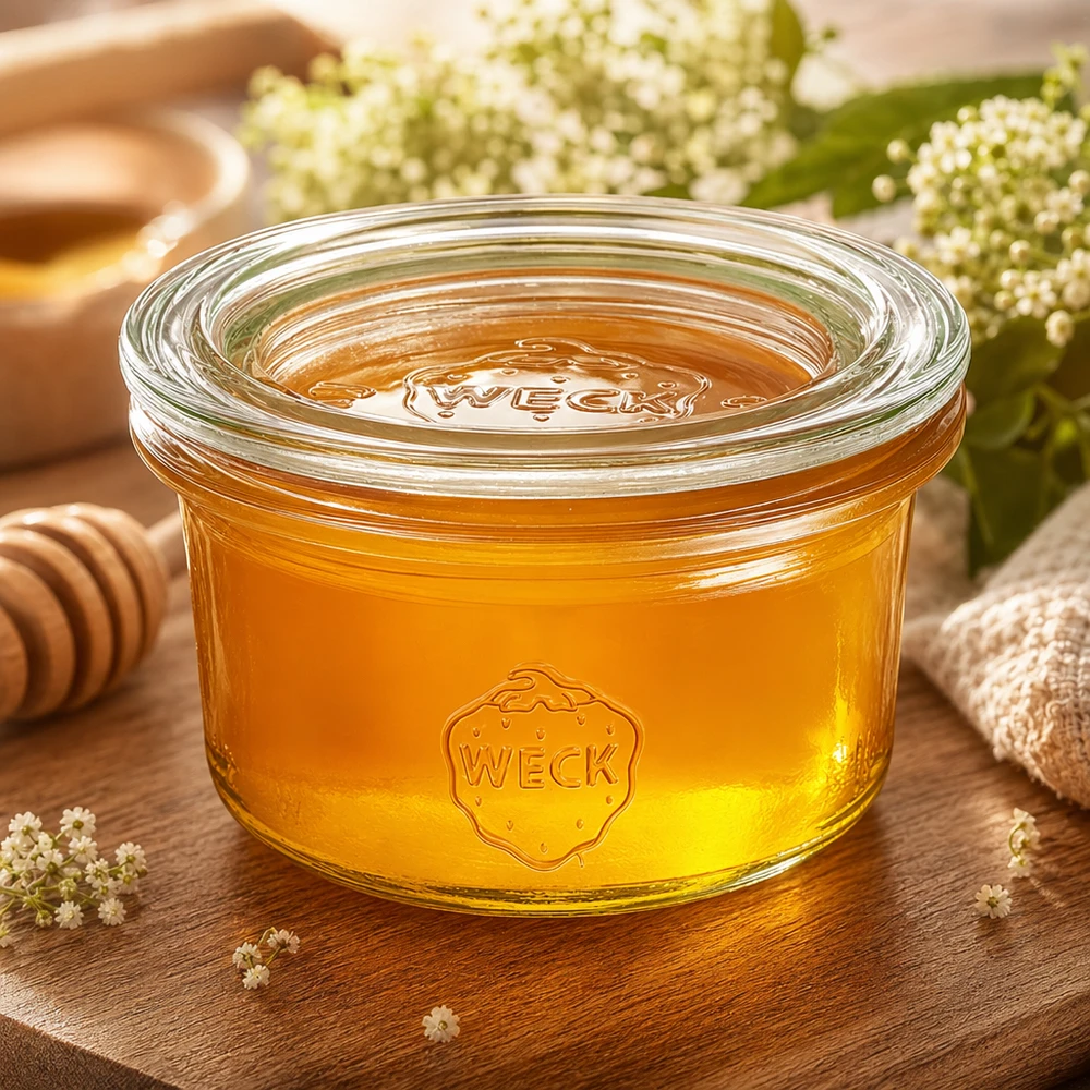Bicchieri WECK da 50 ml riempiti di miele accanto a cucchiai e fiori presentati in modo naturale su un tavolo di legno rustico.
