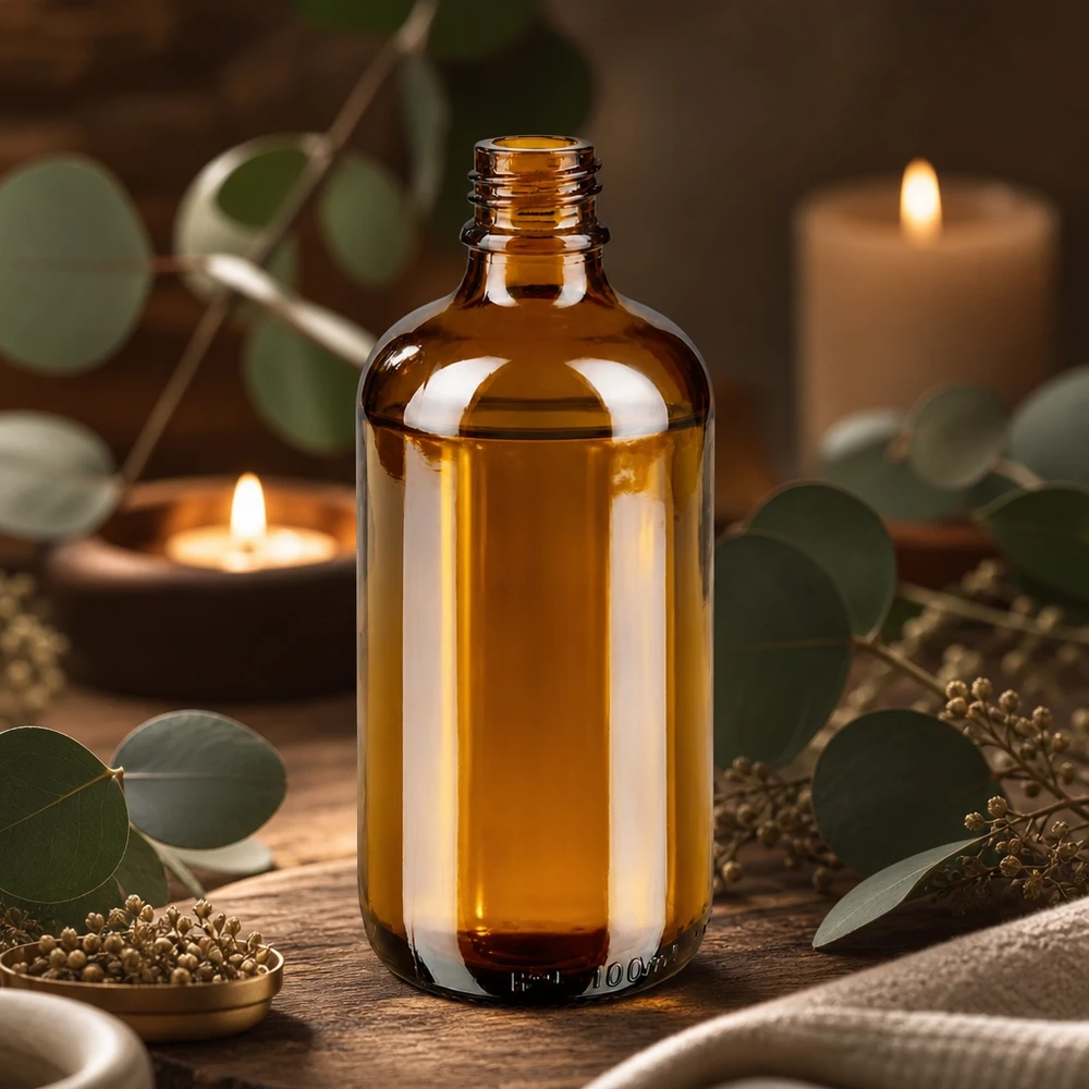 Flacone da farmacia in ApoGlas marrone da 100 ml con oli essenziali, eucalipto e candele disposte in modo decorativo