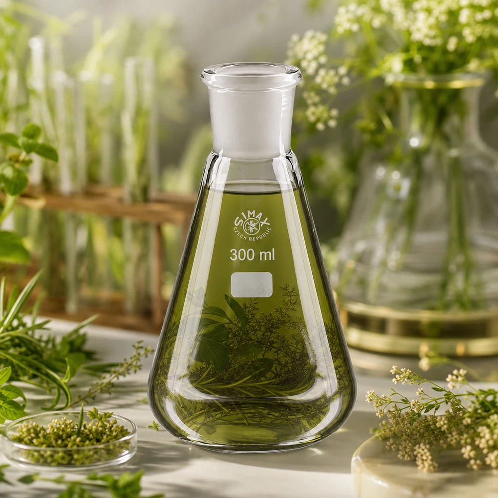 Beuta da 300 ml rettificata 29/32 riempita di campioni botanici su una superficie bianca