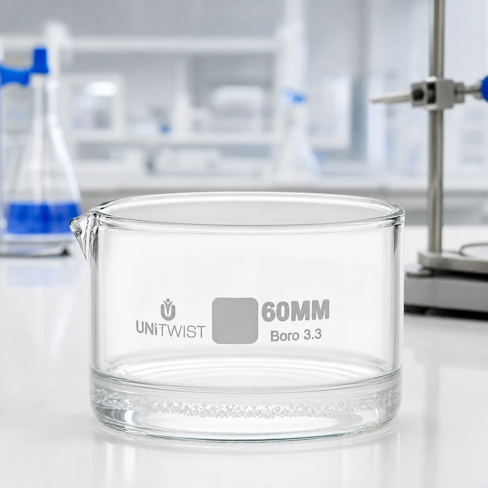 Piatto per cristallizzazione ø60mm in vetro borosilicato UNiTWIST Vaschetta di cristallizzazione in vetro borosilicato da 60 mm UNiTWIST Boro 3.3 su piano da laboratorio bianco