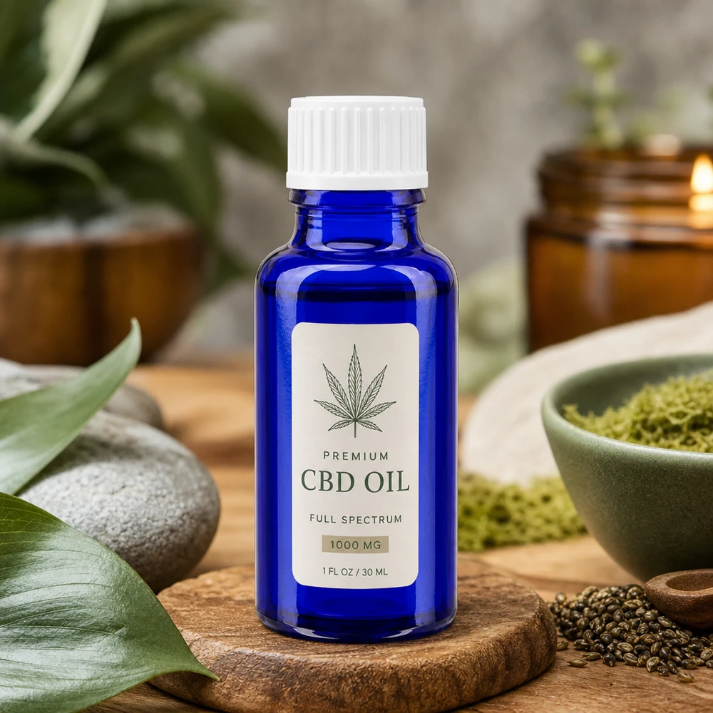 Piccola bottiglia di vetro blu da 20 ml con tappo di sicurezza bianco per il riempimento di olio al CBD