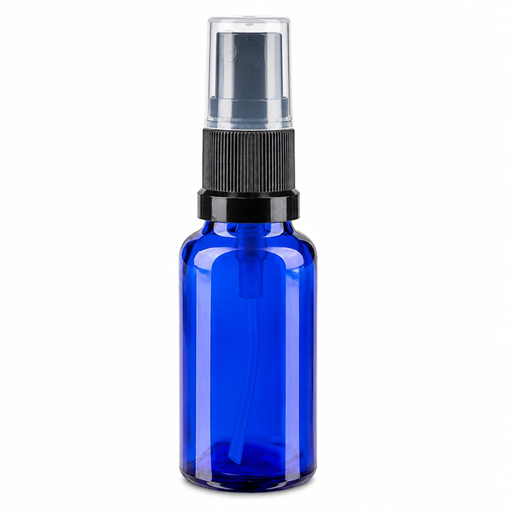 Bottiglia spray blu da 20ml. STD nero/trasp. apoGlas Flacone spray in vetro blu da 20 ml con erogatore a pompa nero e tappo protettivo trasparente