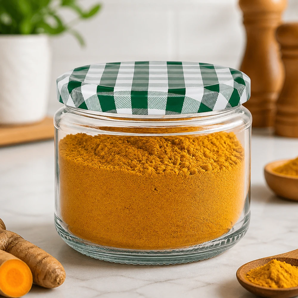 Barattolo rotondo da 330 ml + coperchio BasicSeal verde/bianco UN.. Barattolo rotondo da 330 ml pieno di curcuma in polvere, coperchio BasicSeal verde e bianco, per conservare le spezie in cucina