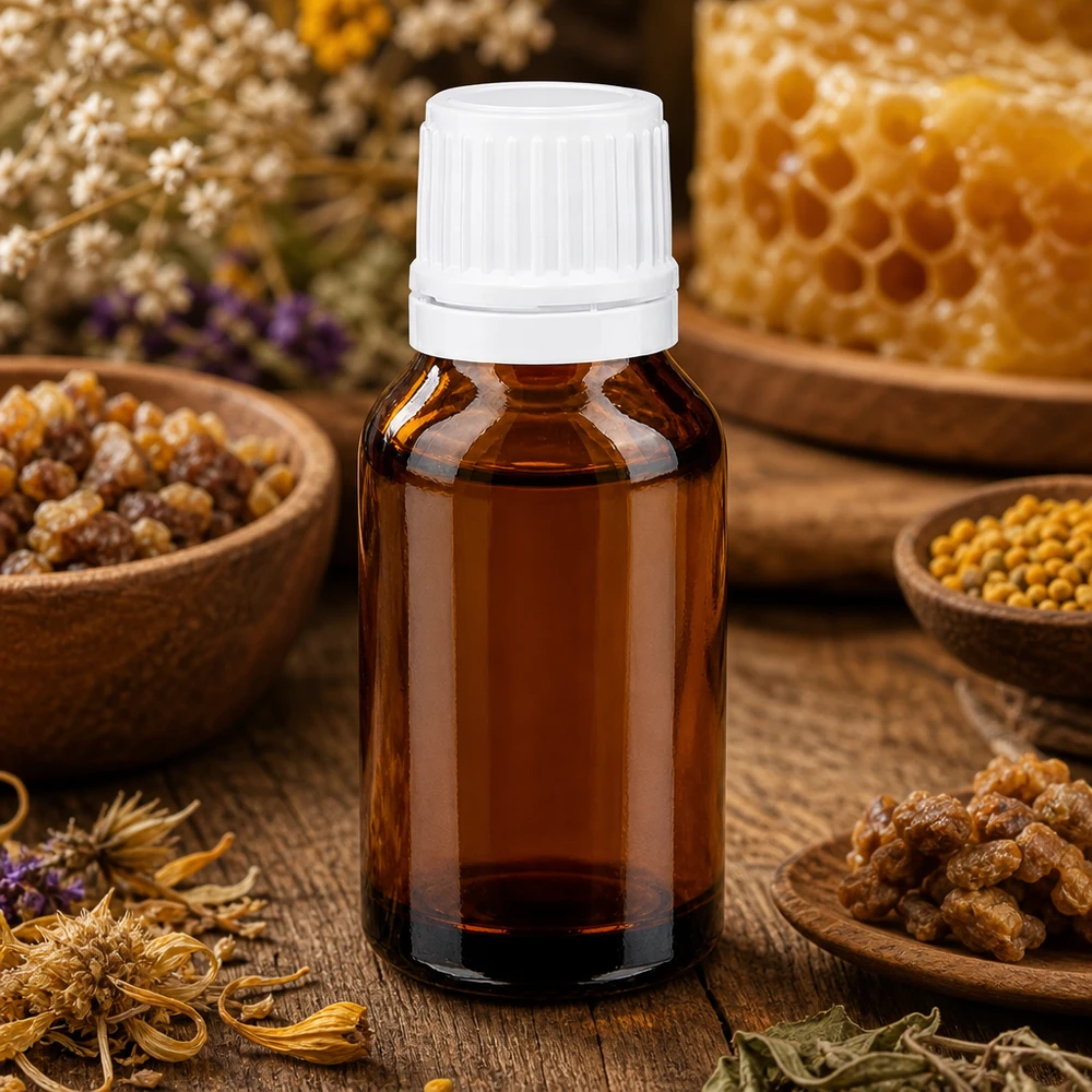 Bottiglia da farmacia marrone 15ml con tappo a vite bianco OV Flacone da farmacia in vetro ambrato da 15 ml con tappo a vite bianco, decorato con motivi a nido d'ape ed erbe aromatiche