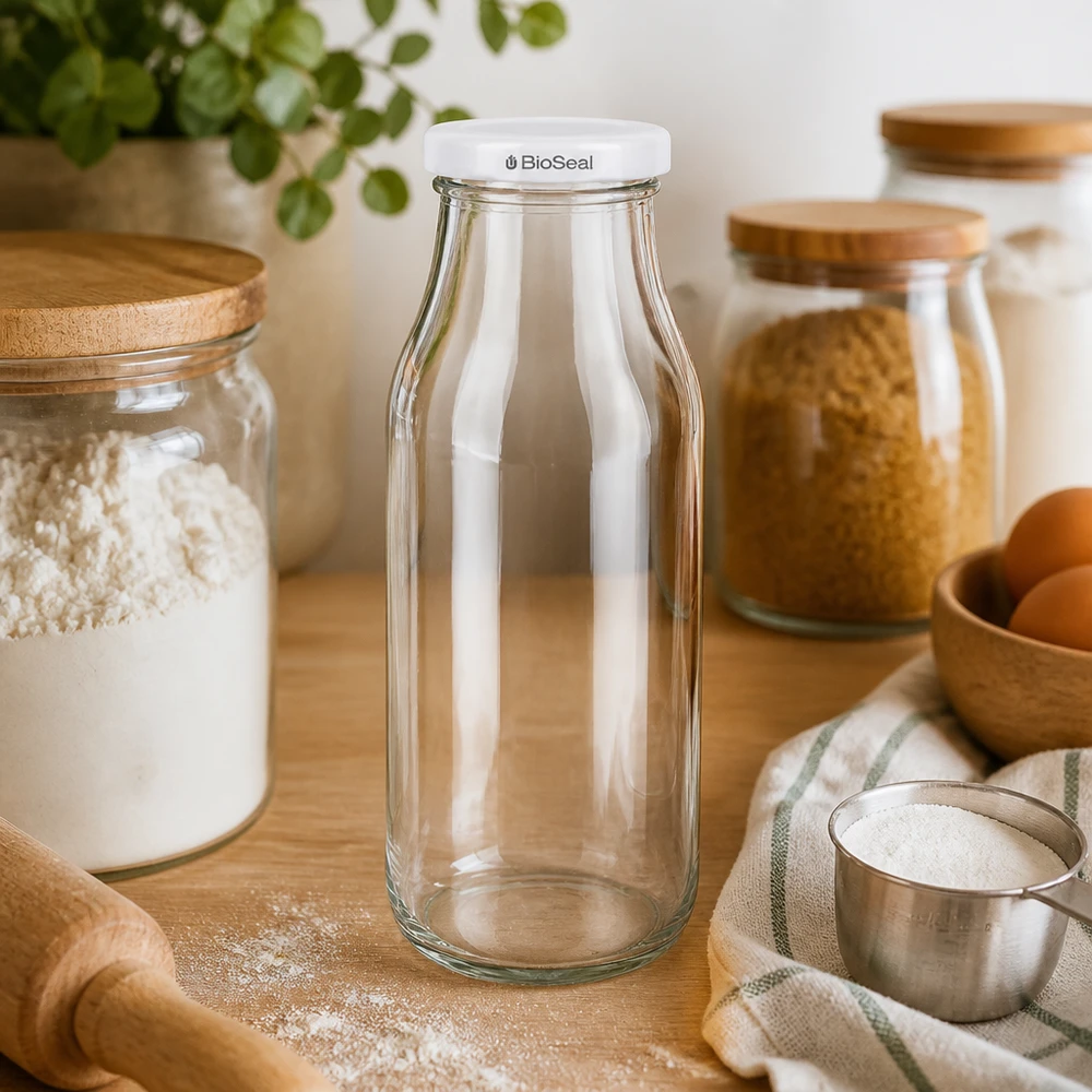 Bottiglia UNiTWIST263 con coperchio bianco TO43 BioSeal UNiTWIST Bottle263 bottiglia di vetro vuota in ambiente cucina con armadietti in legno e utensili da cucina