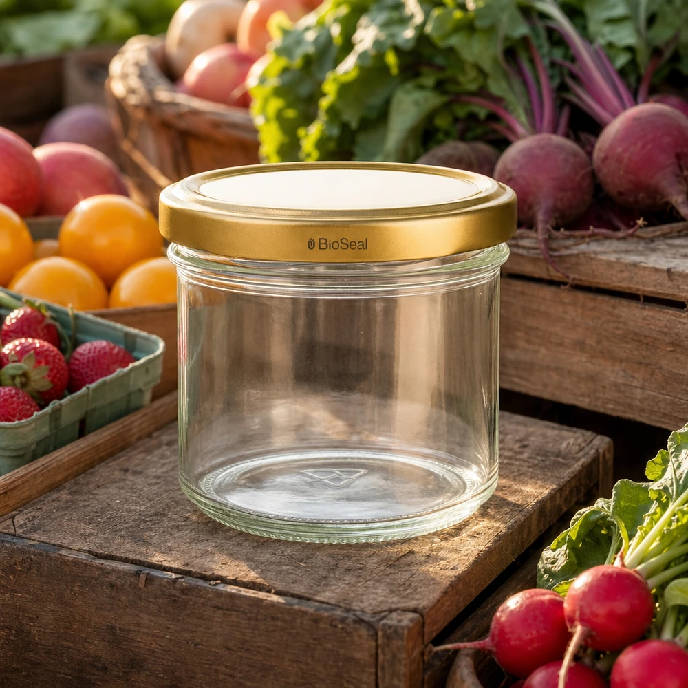 UNiTWIST Sturz125 con coperchio dorato. Coperchio TO66 BioSeal UNiTWIST 125ml Einmachglas leer mit goldenem TO66 Deckel - umgeben von frischem Gemüse und Obst auf Holzbrett
