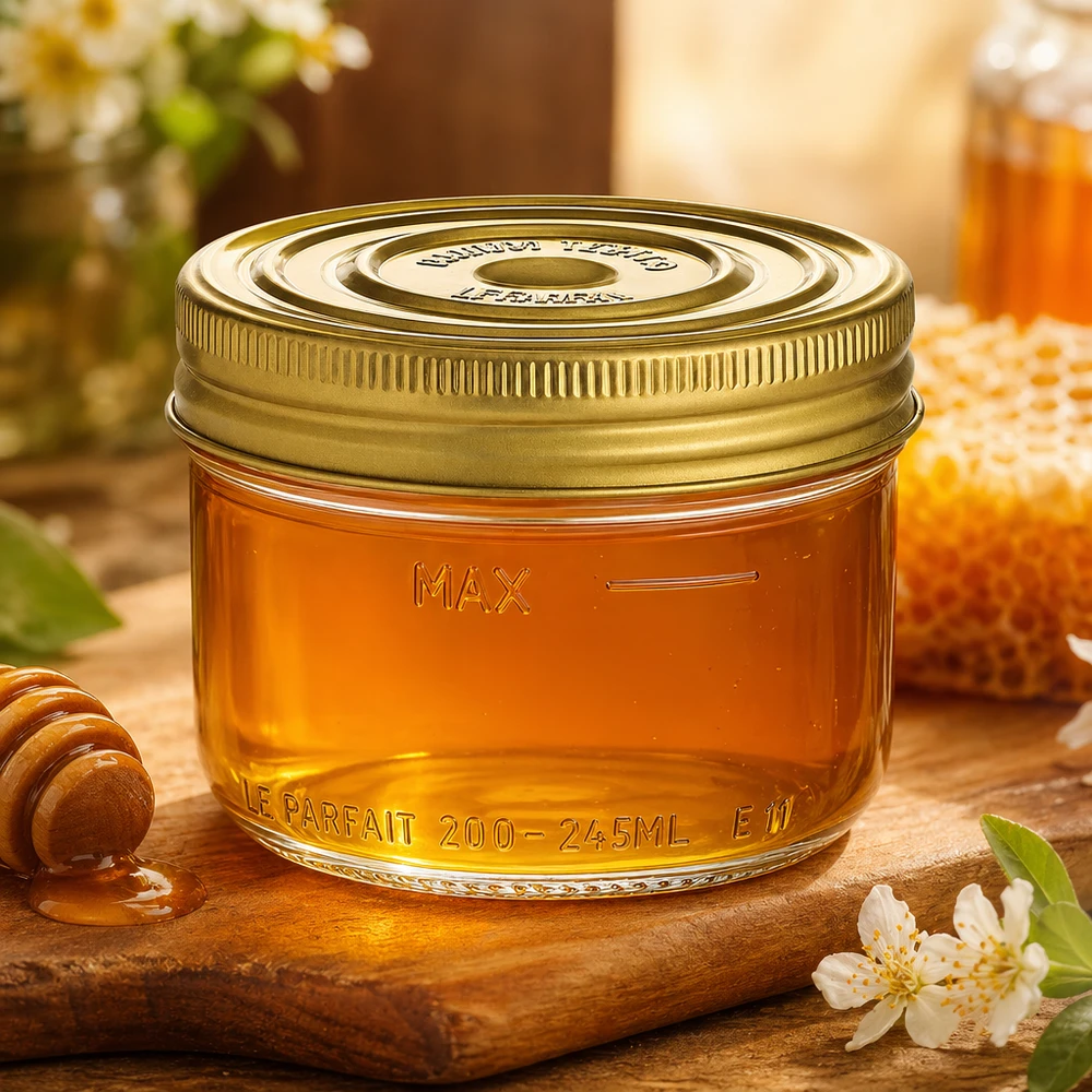 Bicchieri Familia Wiss da 245 ml con coperchio dorato riempiti di miele su una tavola di legno con cucchiaio e fiori.