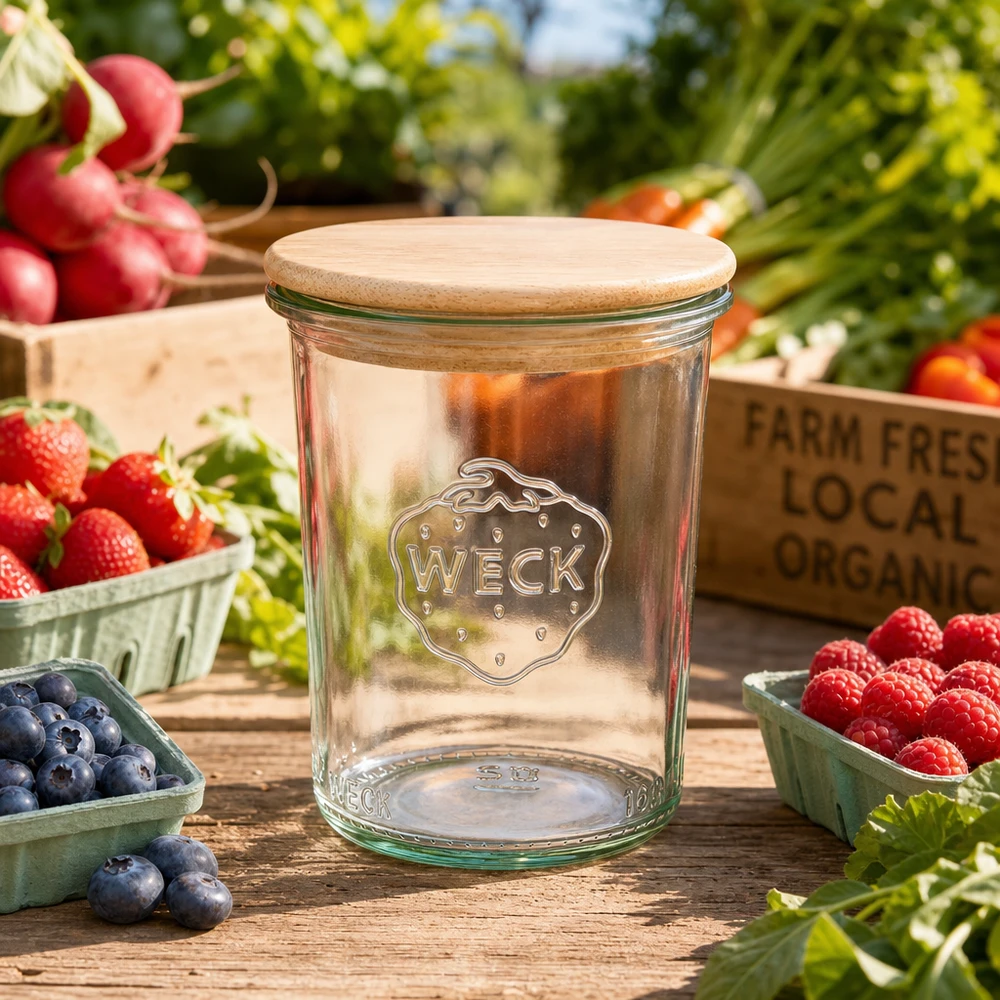 Bicchieri WECK RR60 da 160 ml con coperchio in legno WECK vaso per conserve 160ml RR60 tra bacche e verdure fresche su tavolo di legno decorazione naturale della cucina