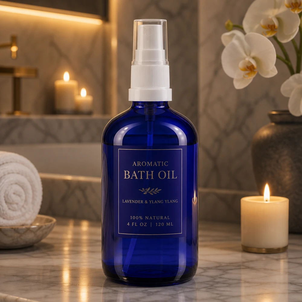 Flacone spray blu 100ml STD bianco/trasp. apoGlas Flacone spray blu da 100 ml in vetro con protezione UV, con erogatore bianco, per oli essenziali e aromaterapia