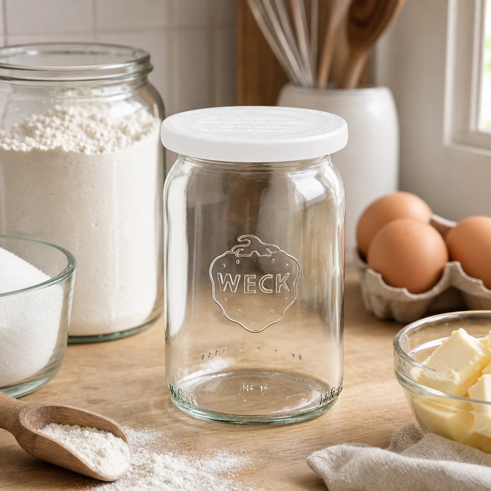 WECK RR40 barattolo cilindrico 145ml con coperchio bianco su tavola di legno accanto a ingredienti da forno come uova, farina e burro