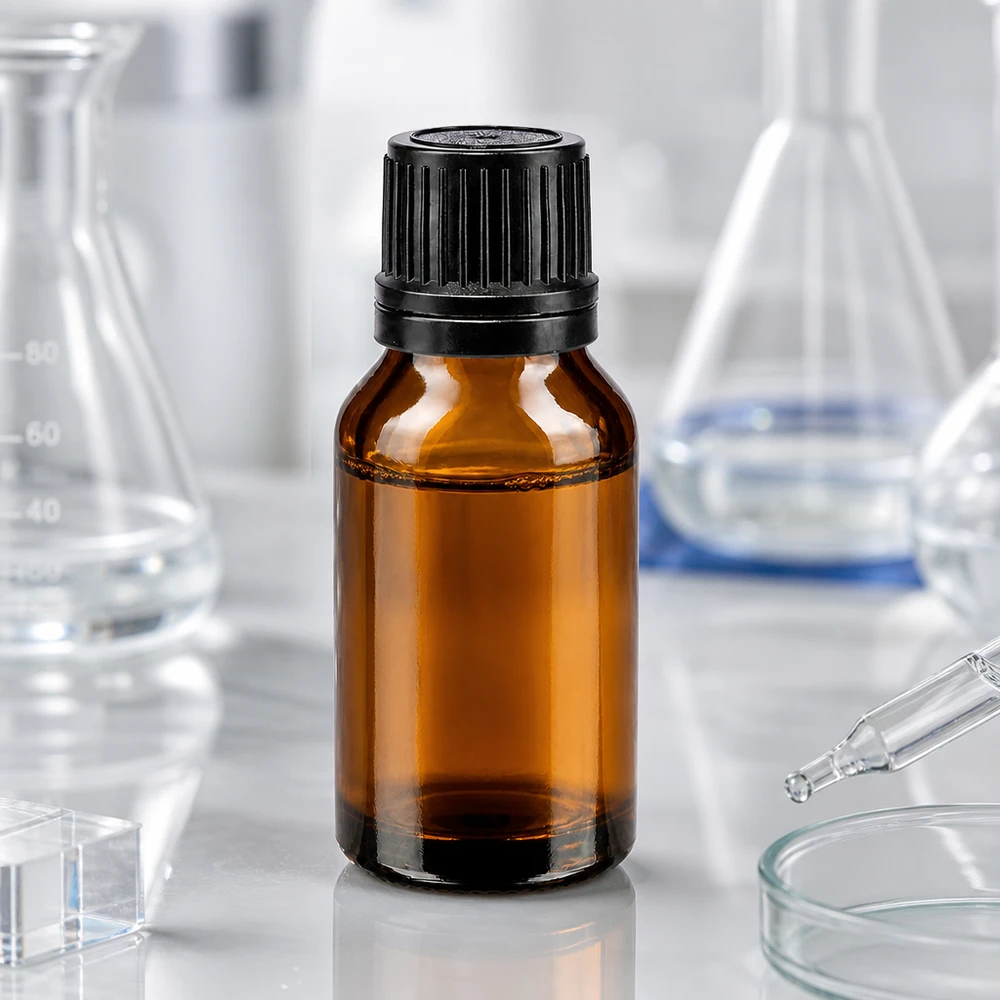 Bottiglia da farmacia marrone da 15 ml con tappo a vite nero. OV Flacone da 15 ml in vetro ambrato con tappo a vite nero e anello versatore in ambiente di laboratorio
