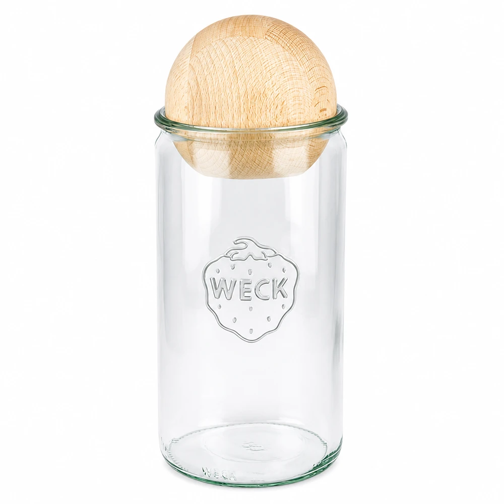 Barattolo cilindrico WECK 1590ml RR100 con sfera in legno di faggio come chiusura sostenibile per la conservazione