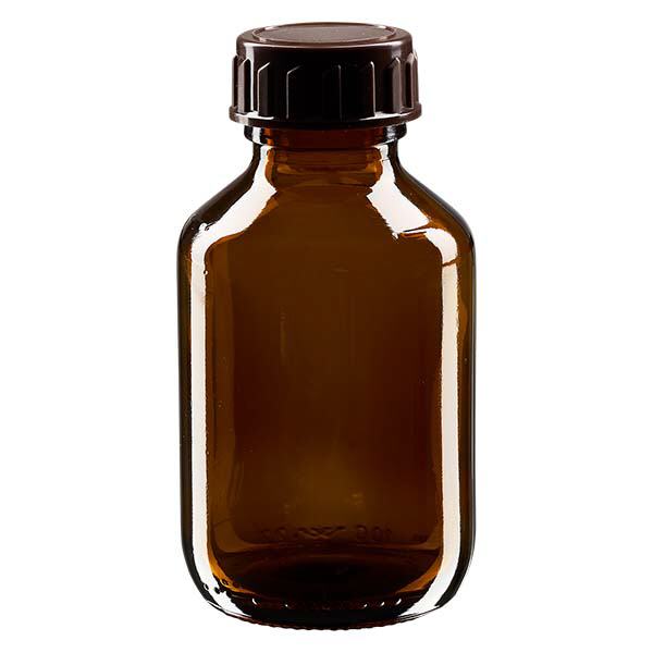 Bottiglia per medicinali da 100ml marrone, con tappo marrone ApoGlas Bottiglia per medicinali da 100ml marrone, con tappo marrone ApoGlas