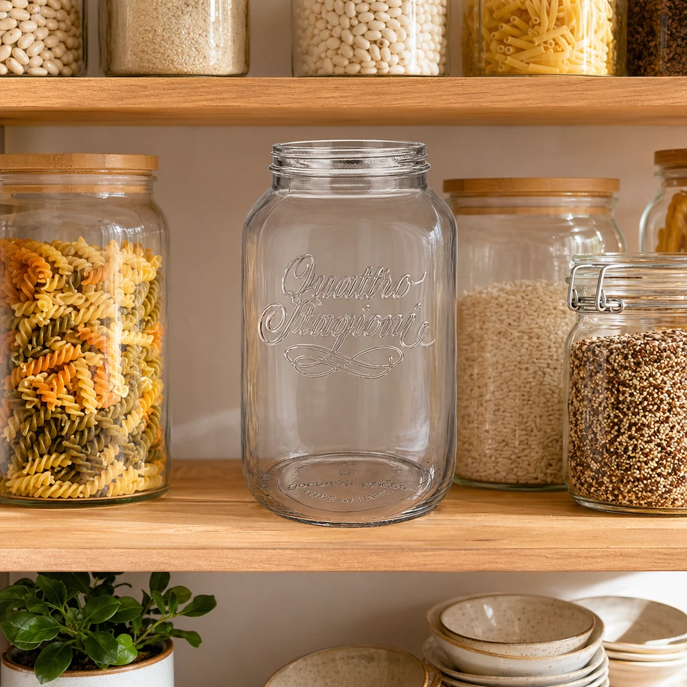 Quattro Stagioni vaso domestico 3800ml vuoto in cucina tra vasi pieni su scaffale in legno