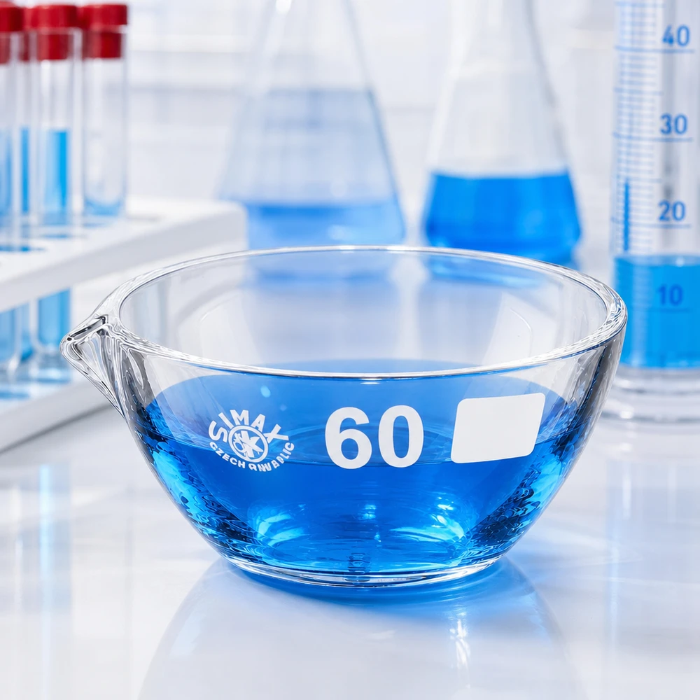 Piatto di evaporazione da 45ml con beccuccio in borosilicato ø60mm Piatto di evaporazione piccolo 45ml in borosilicato ø60mm con beccuccio per microanalisi in laboratorio