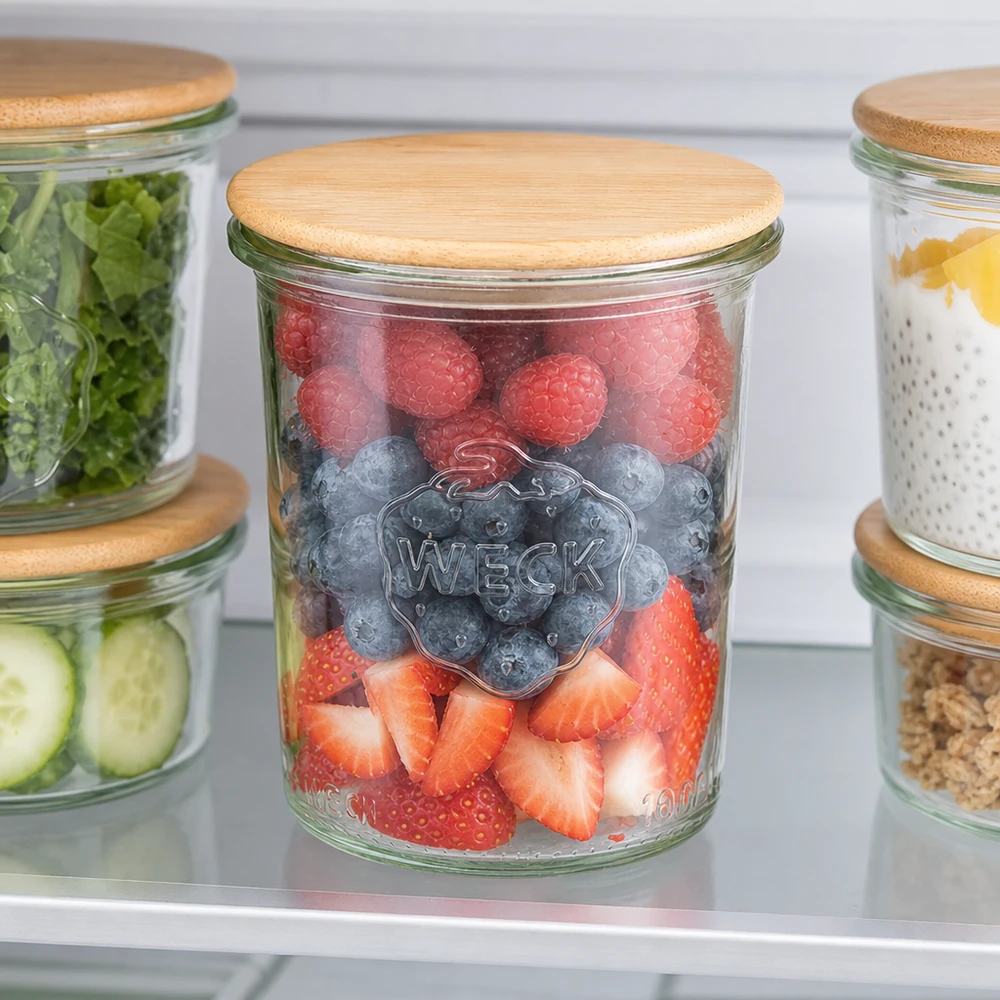 Bicchieri WECK RR60 da 160 ml con coperchio in legno WECK 160ml RR60 frigo barattolo di stoccaggio bacche fresche frutta organizzata stoccaggio bambù coperchio
