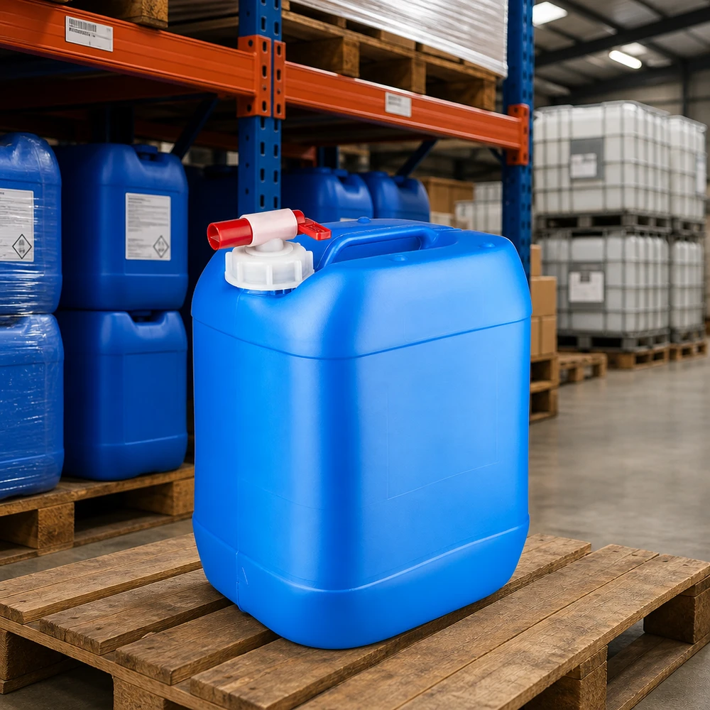 Tanica da stoccaggio da 20 litri, blu, con rubinetto di scarico, su pallet di legno in un magazzino industriale