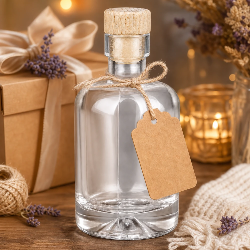 Bottiglia in vetro da 50 ml Amelie con tappo in sughero con impugnatura in legno UNiTWIST Bottiglia di vetro da 50 ml Amelie come set regalo decorato con ciondolo in carta kraft alla lavanda e calda luce di candela