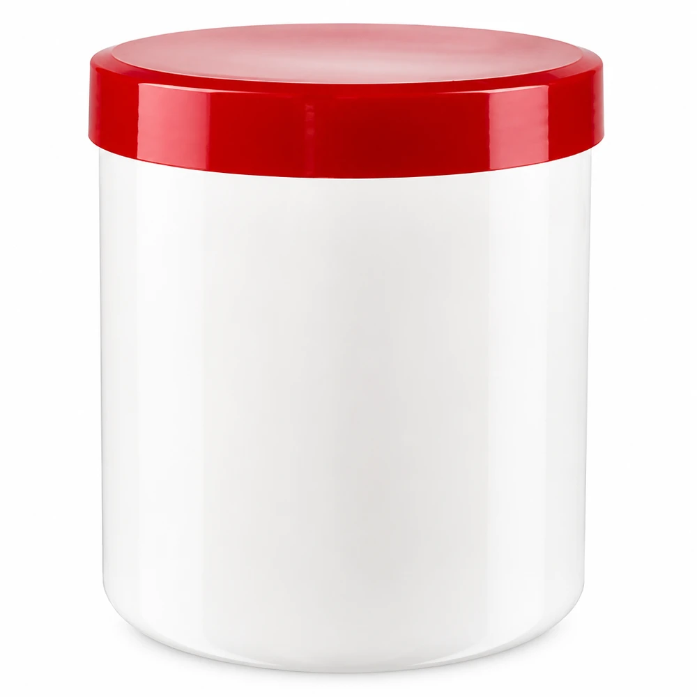 Piccolo barattolo in plastica da 20 g con tappo a vite rosso, ideale per pomate e paste