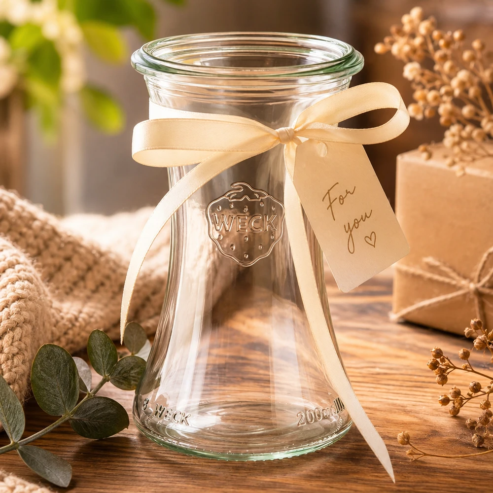 WECK RR60 barattolo per salumi da 200 ml con fiocco color crema ed etichetta regalo come confezione regalo su legno