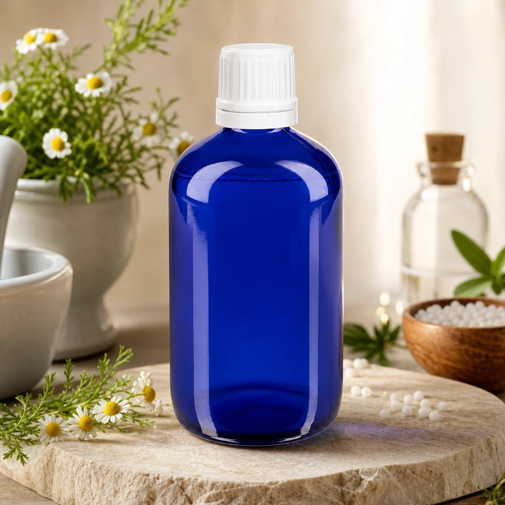 Bottiglia di vetro blu da 100 ml con tappo OV bianco appoggiata su una pietra naturale, accanto a fiori di camomilla e granuli omeopatici
