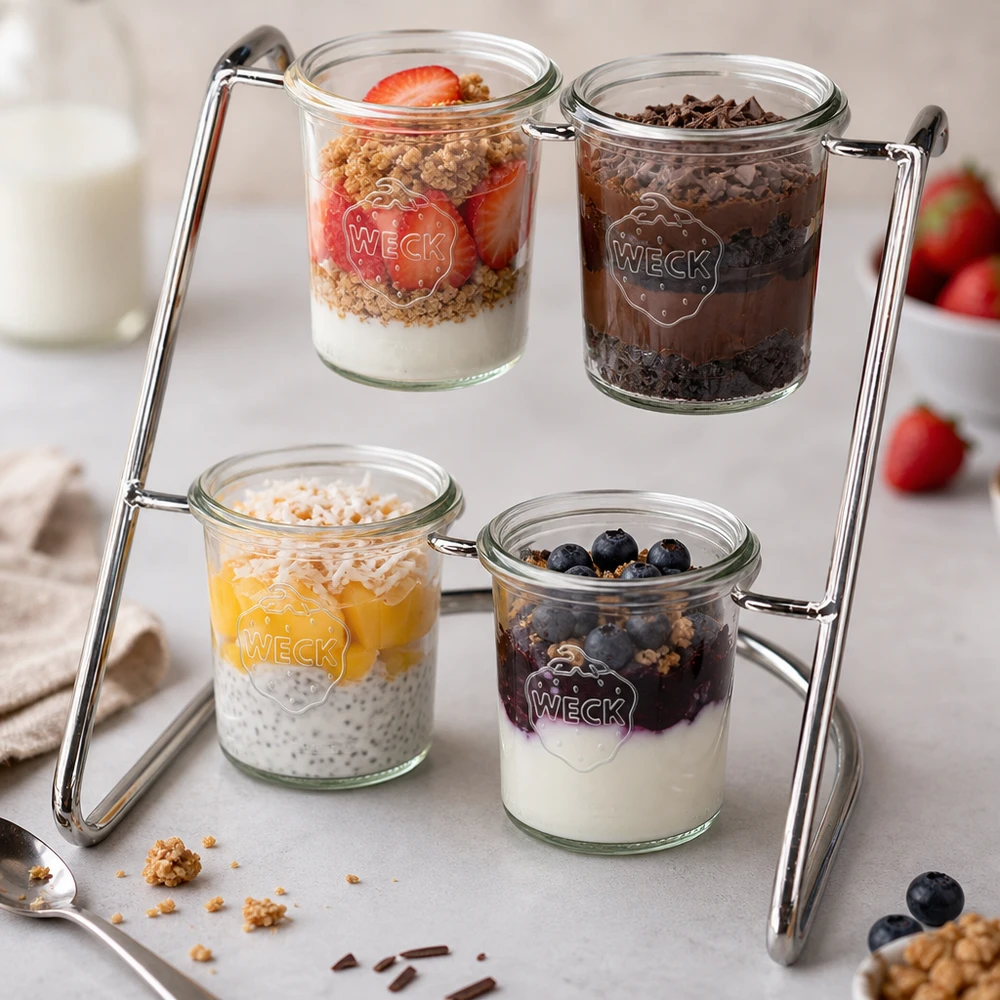 Portabicchieri Flato4 per 4 bicchieri WECK Portavivande Flato4 con dessert colorati in vasetti WECK - yogurt, frutti di bosco e granola presentati in modo appetitoso