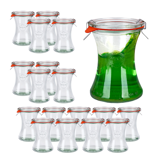 Set di 18 vasetti Weck da 370 ml con 18 coperchi in vetro Set di 18 vasetti Weck da 370 ml con 18 coperchi in vetro