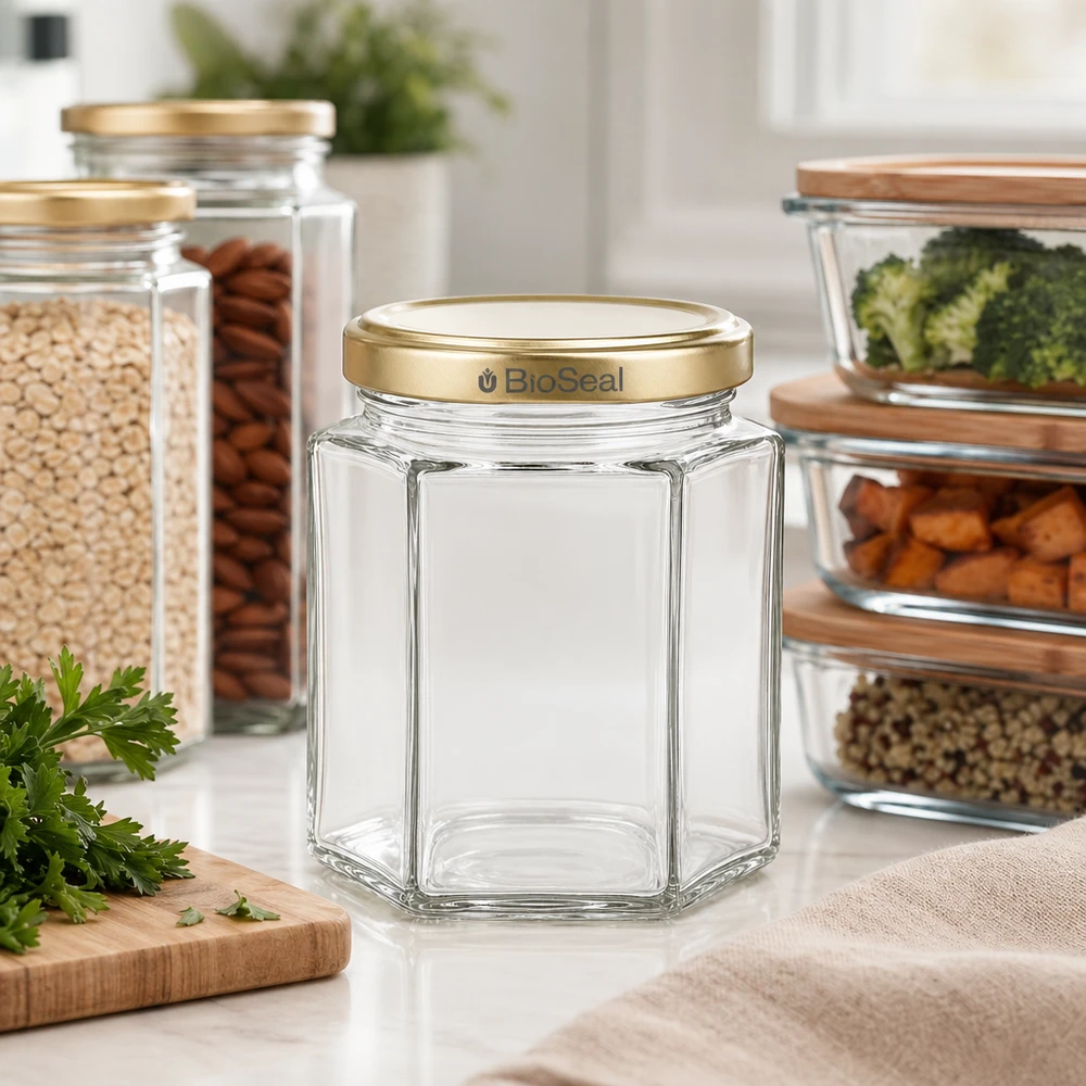 Vasetto per miele da 250 g con capsula dorata BioSeal UNiTWIST 250g barattolo miele esagonale vuoto BioSeal coperchio oro cucina moderna con barattoli di stoccaggio noci verdure erbe